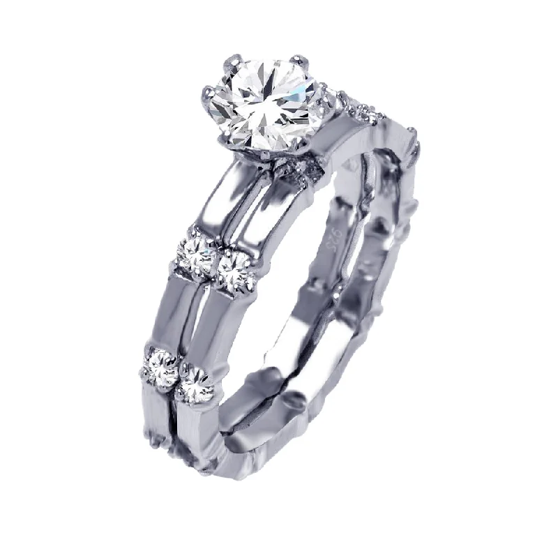 Ladies rings punk vibes-Silver 925 Rhodium Plated Round Center Clear CZ Bridal Ring Set - BGR00384