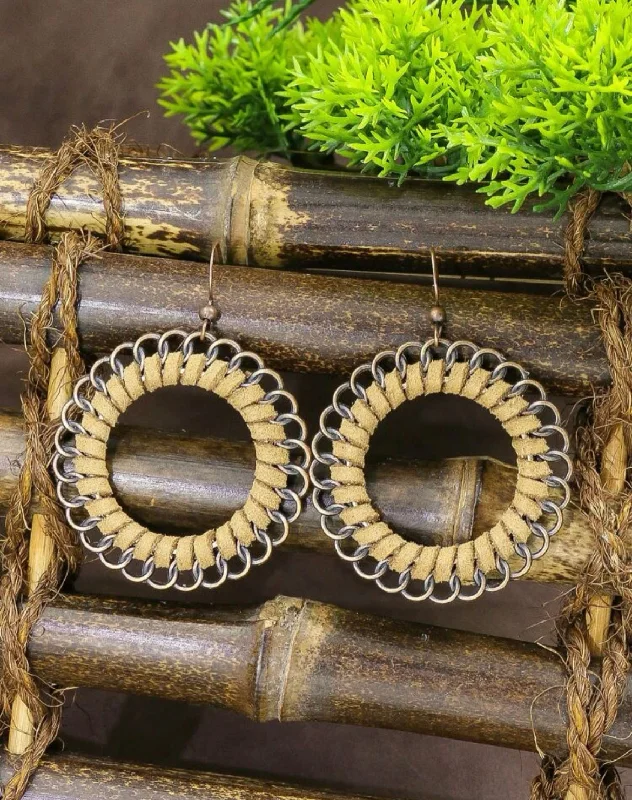 Ladies rings gold styles-Round Leather and Spiral Drop Earrings