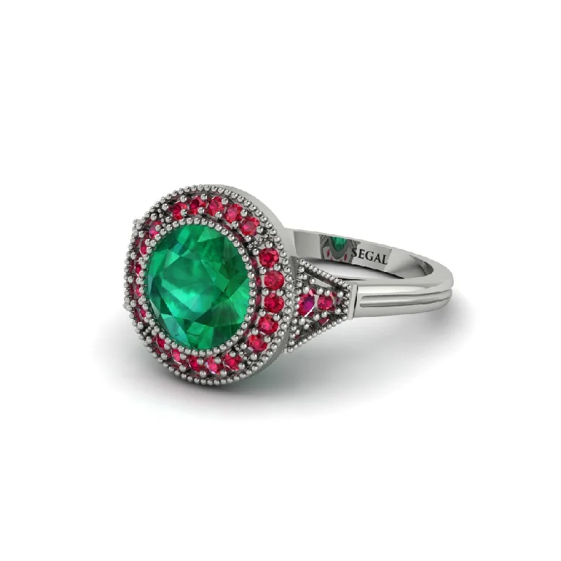 Ladies engagement rings lightweight options-Round Cut Emerald Milgrain Halo Engagement Ring - Maggie No. 51