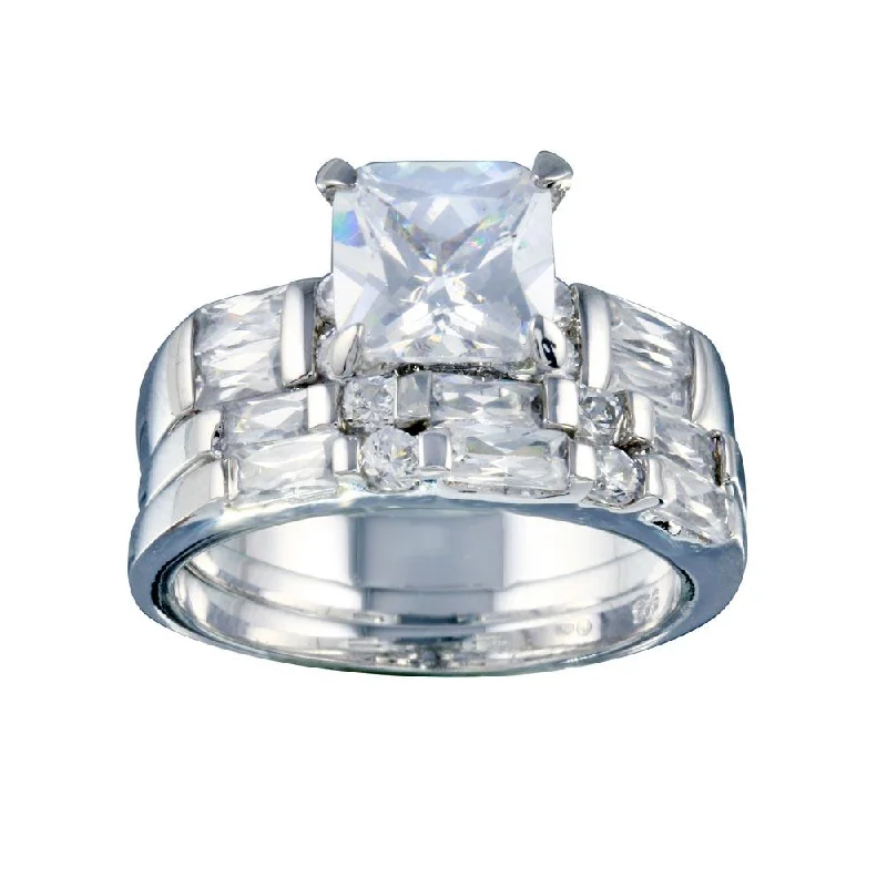 Ladies rings holiday gifts-Rhodium Plated 925 Sterling Silver Clear Baguette Round Square Center CZ Bridal Ring Set - BGR00248