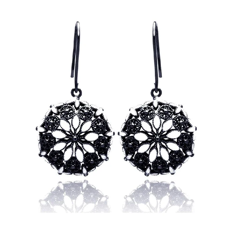 Ladies rings ruby gems-Clearance-Silver 925 Black Rhodium Plated Round Marquis Clear CZ Dangling Hook Earrings - BGE00193