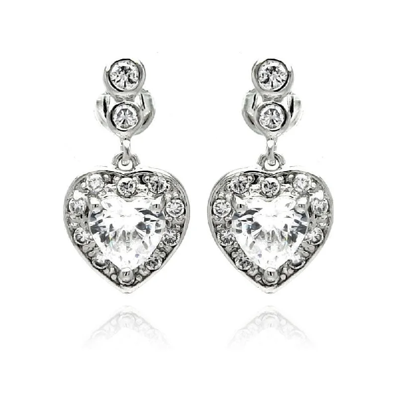 Ladies rings affordable finds-Silver 925 Rhodium Plated Heart CZ Dangling Earrings - BGE00233