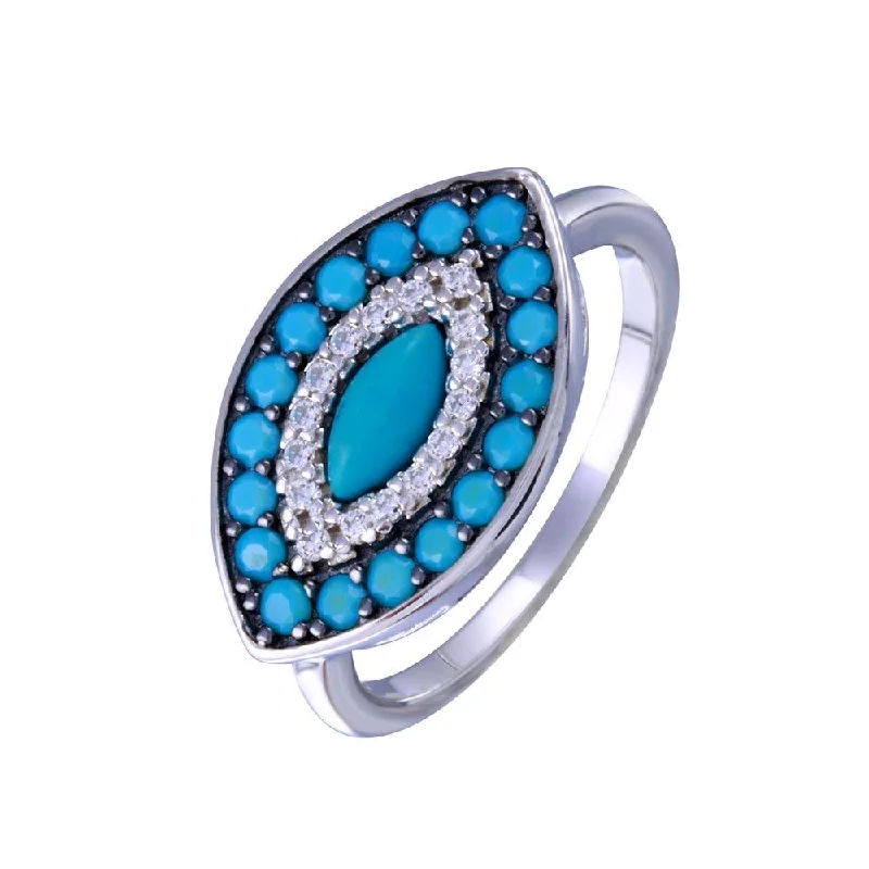 Ladies rings store locations-Rhodium Plated 925 Sterling Silver Turquoise Clear CZ Evil Eye Ring - BGR01338RHD