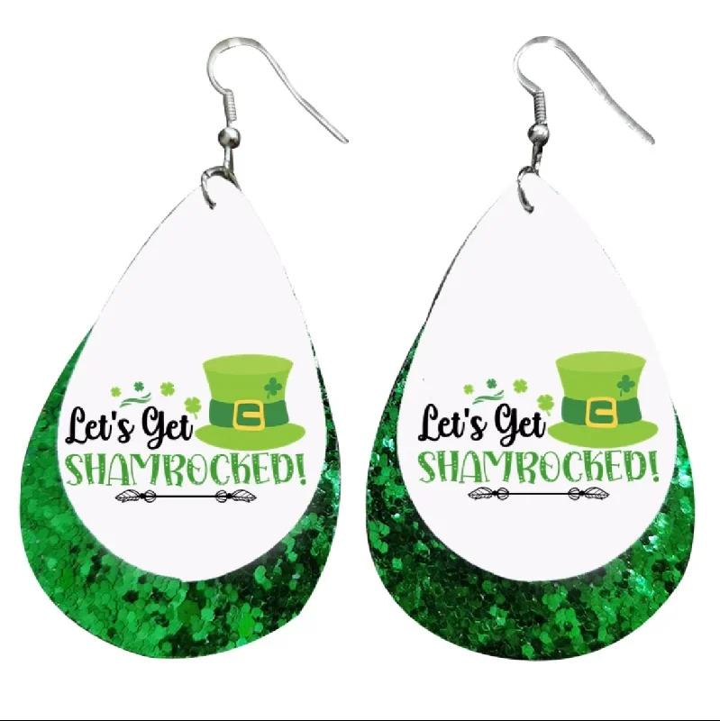 Ladies rings pinky styles-Funny "Let's Get Shamrocked" Leather Drop Earrings