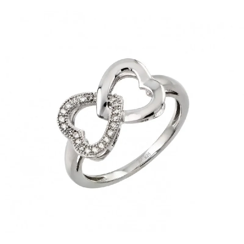 Ladies rings minimalist appeal-Silver 925 Rhodium Plated Clear Inlay CZ Intertwined Heart Ring - STR00952