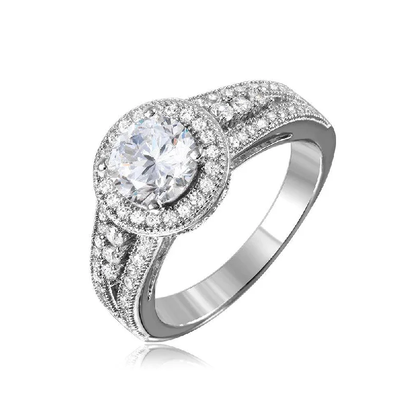 Ladies rings office elegance-Silver 925 Rhodium Plated Halo Ring with CZ Split Shank Band - GMR00104