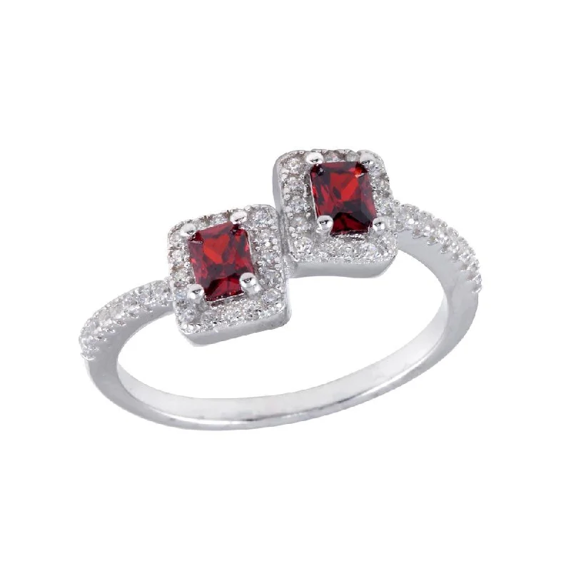 Ladies rings buying tips-Rhodium Plated 925 Sterling Silver Double Square Red Center CZ Ring - BGR01254RED