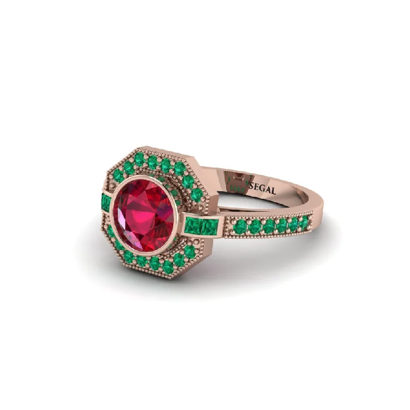 Ladies engagement rings rose-cut gems-Emerald Octagon Halo Engagement Ring - Leia No. 26