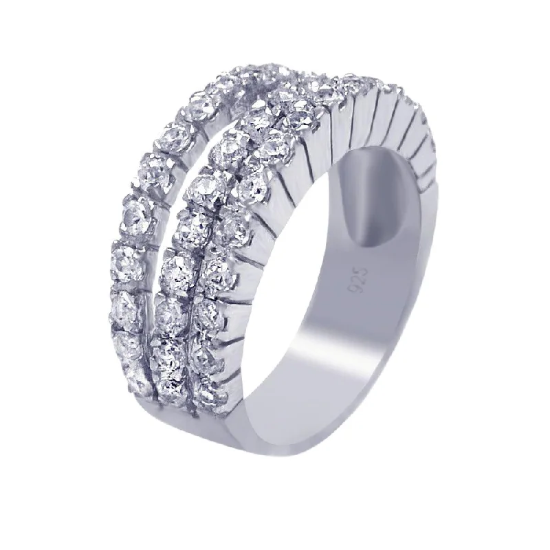 Ladies rings anniversary styles-Silver 925 Rhodium Plated 3 Row Clear CZ Ring - AAR0011