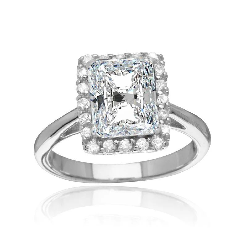 Ladies rings couple sets-Rhodium Plated 925 Sterling Silver Square Clear CZ Halo Ring - BGR01113CLR