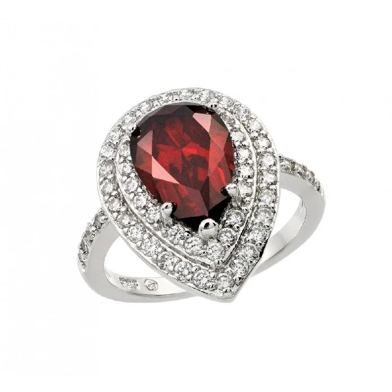 Ladies rings buying tips-Silver 925 Rhodium Plated Red Center and Clear Cluster CZ Teardrop Ring - BGR00887RED