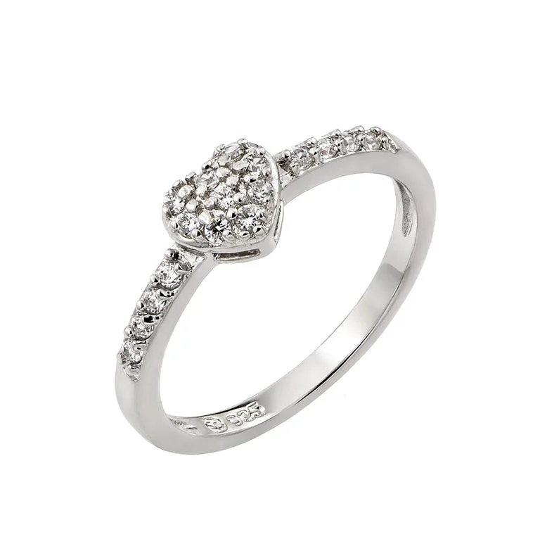 Ladies rings heart motifs-Rhodium Plated 925 Sterling Silver Clear Inlay CZ April Birthstone Heart Ring  - BGR00784APR