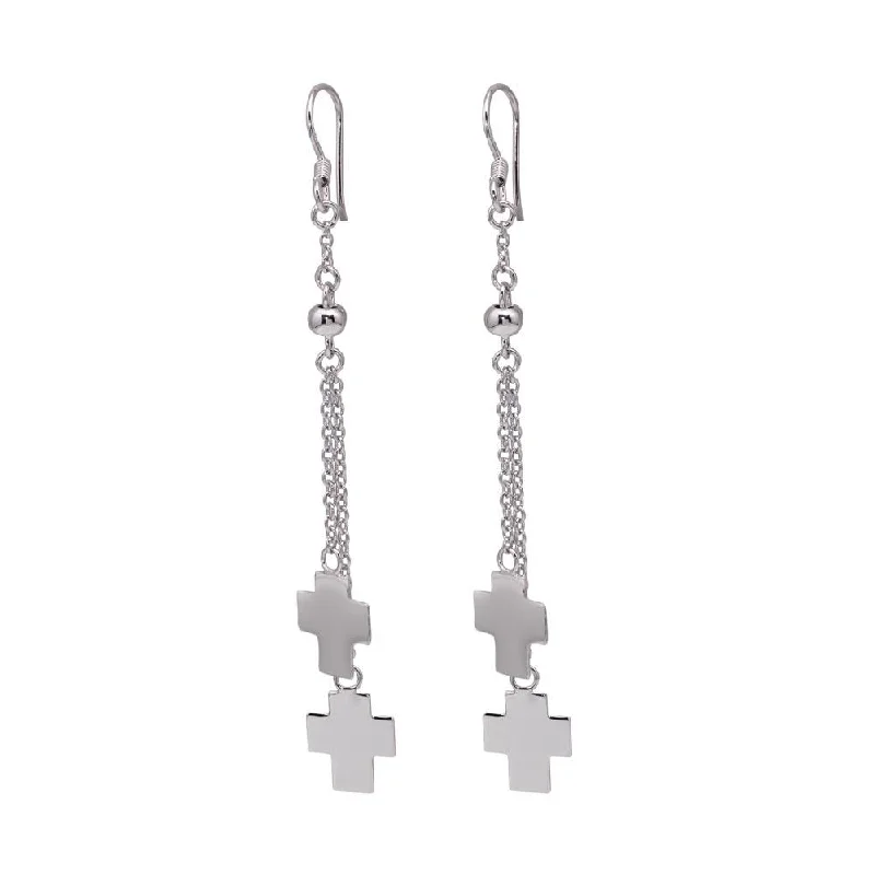 Ladies rings white gold-Silver 925 Rhodium Plated Two Cross Wire Dangling Hook Earrings - DSE00015