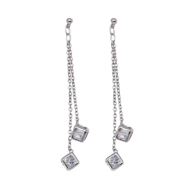 Ladies rings group styles-Silver 925 Rhodium Plated Two Wire Dangling Block CZ Hook Earrings - DSE00025