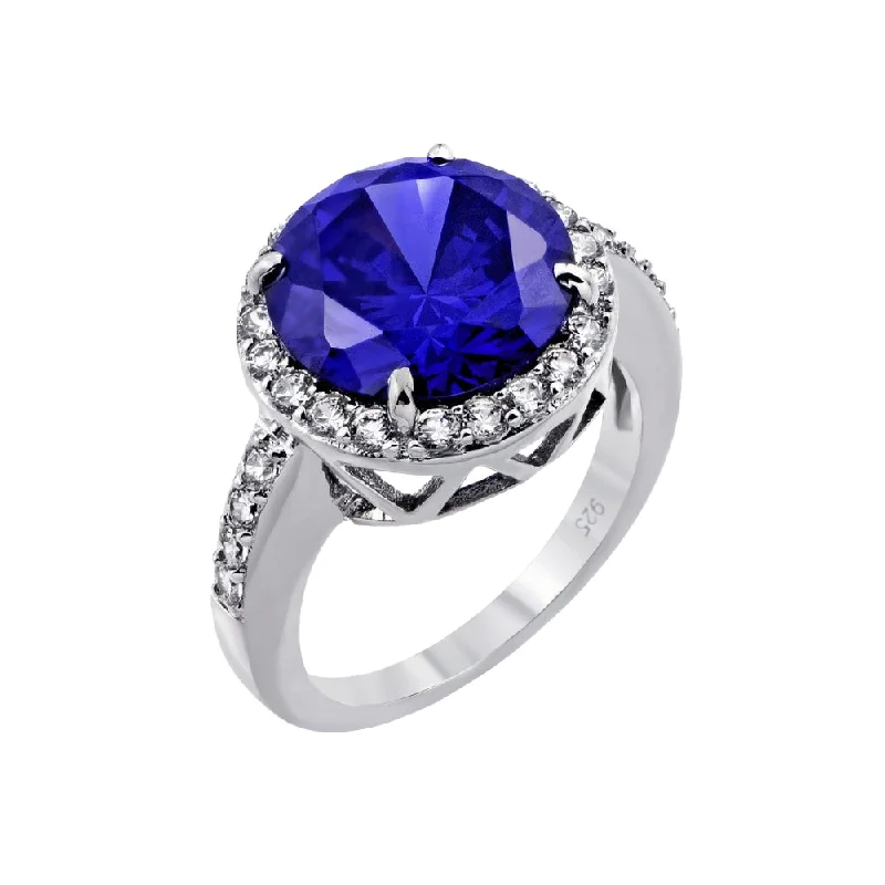 Ladies rings proposal gifts-Silver 925 Rhodium Plated Blue Round and Clear Inlay CZ Bridal Ring - BGR00780