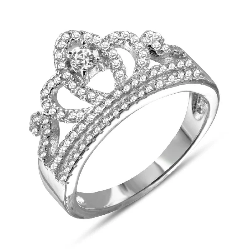 Ladies rings celebrity styles-Rhodium Plated 925 Sterling Silver Tiara with CZ Ring - BGR01108