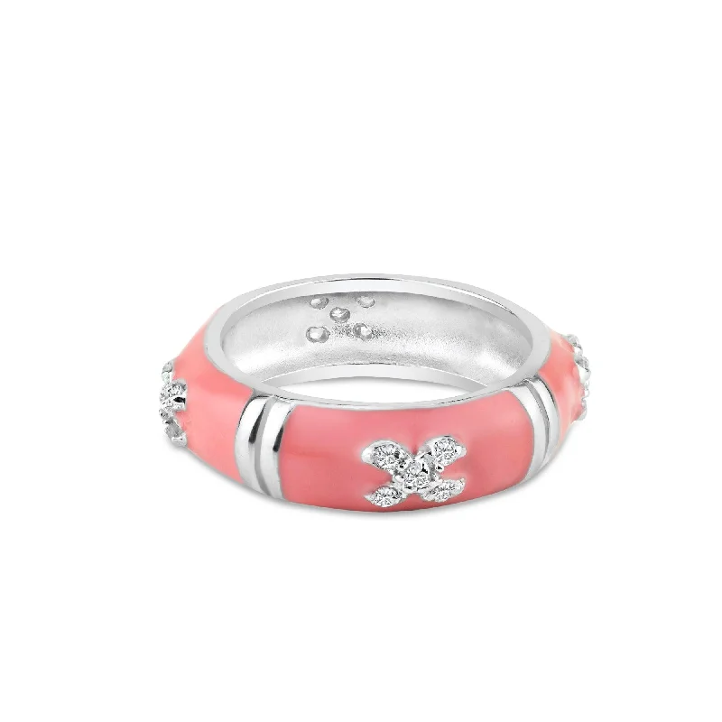 Ladies rings fashion trends-Clearance-Silver 925 Rhodium Plated Pink Enamel Pave Set CZ Ring - STR00519