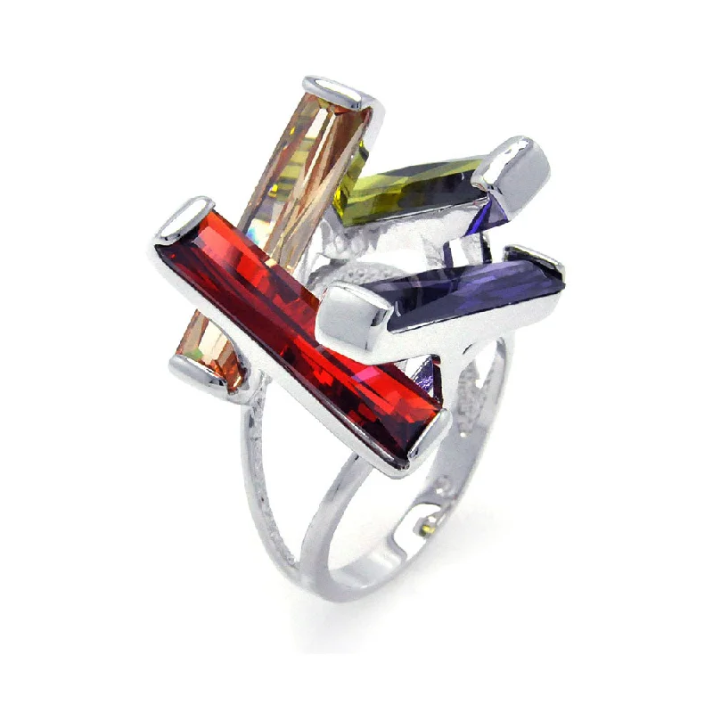 Ladies rings geometric shapes-Clearance-Silver 925 Rhodium Plated Multi Colored CZ Open Long Bar Ring - BGR00259