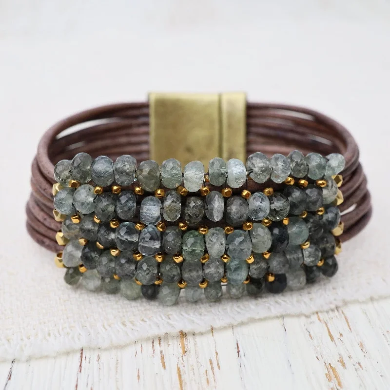 Ladies bracelets birthday surprises-Moss Aqua with Gold Vermeil details on Multi-Gray Leather Bracelet