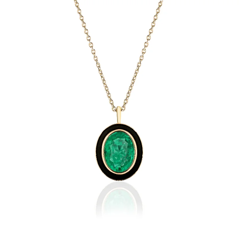 Emerald Oval Pendant Necklace with Enamel