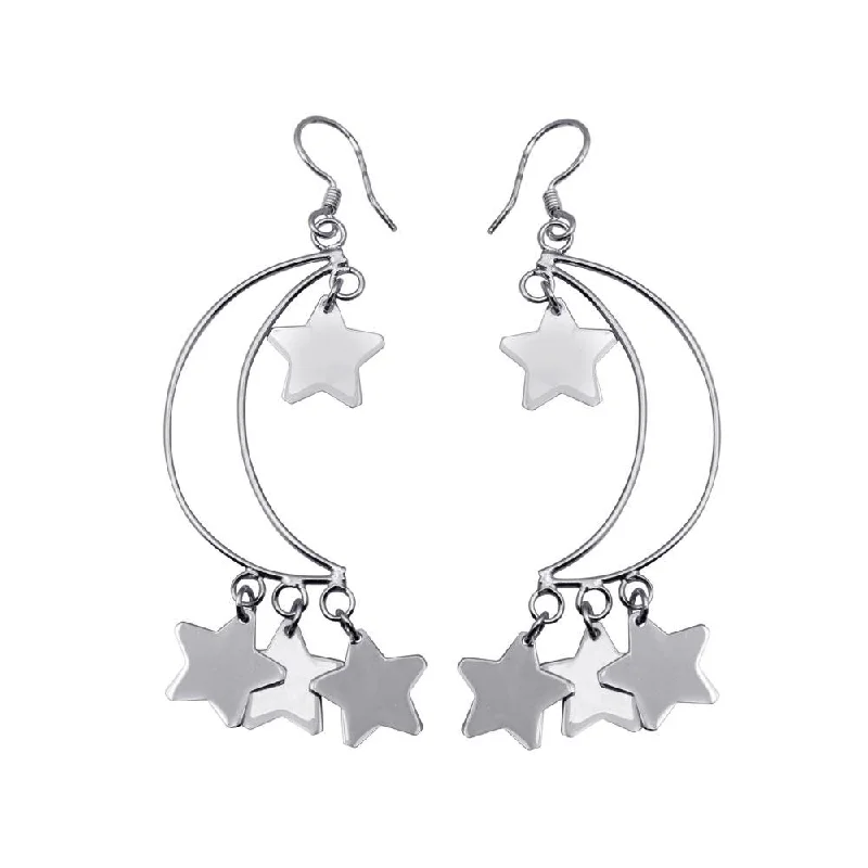 Ladies rings size guide-Silver 925 Rhodium Plated Open Crescent Moon Dangling Stars Hook Earrings - DSE00072