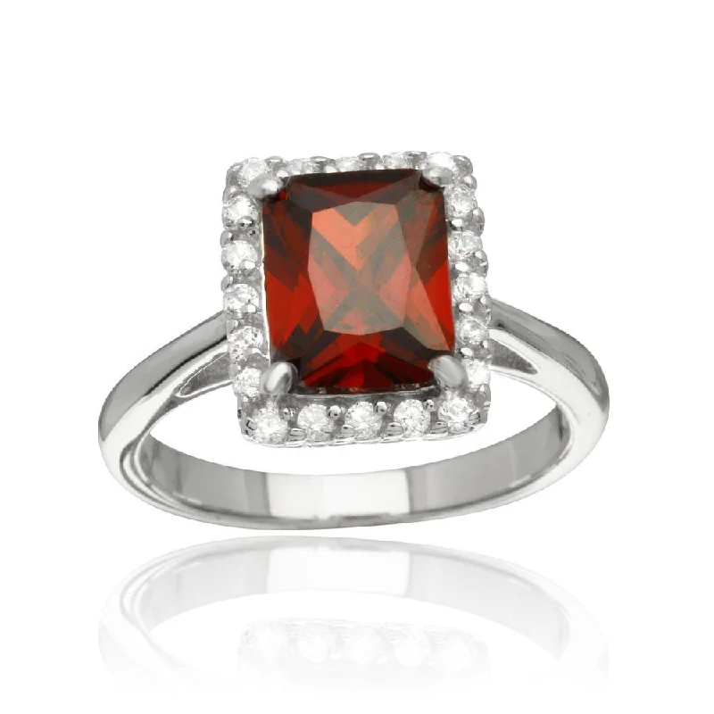 Ladies rings pearl accents-Rhodium Plated 925 Sterling Silver Square Red CZ Halo Ring - BGR01113RED