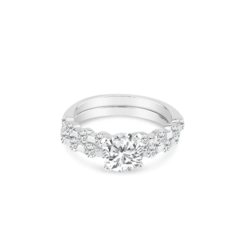 Ladies rings open patterns-Rhodium Plated 925 Sterling Silver Clear Round Center CZ Bridal Ring Set - BGR00219