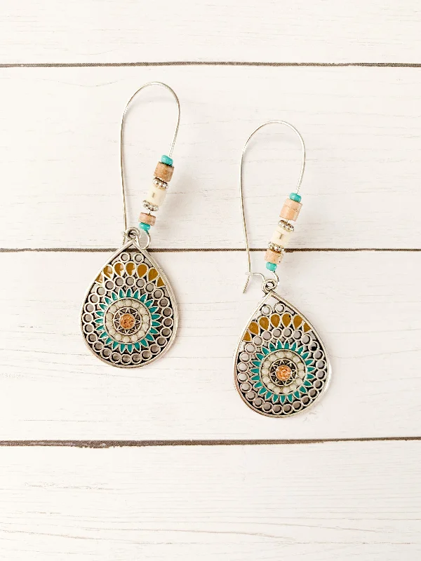 Ladies rings ring finger-Vintage Drop Earrings with Turquoise and Tan Accents