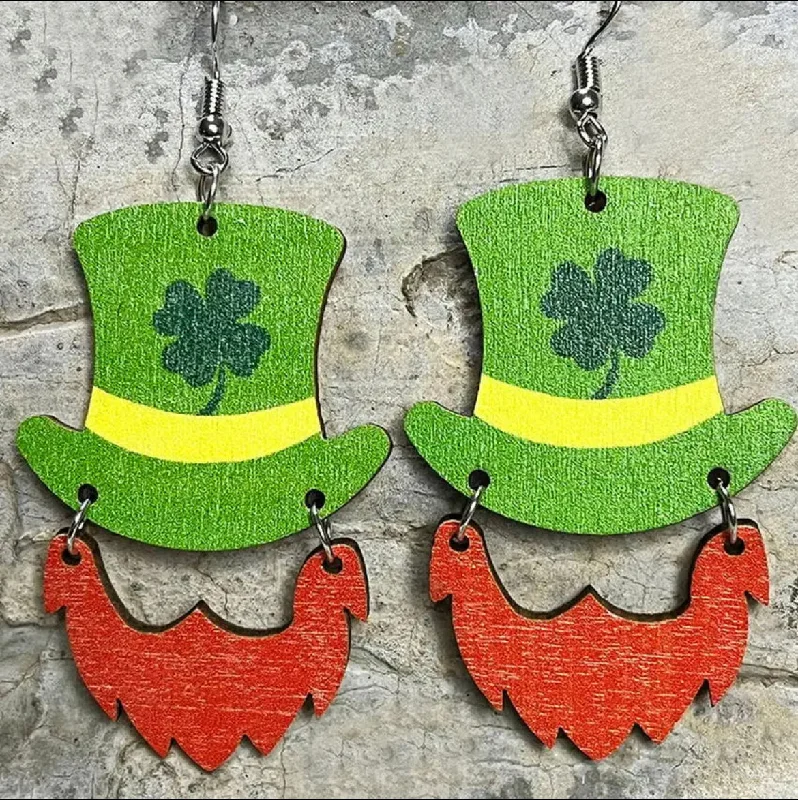 Ladies rings unique designs-Wooden Leprechaun Drop Earrings