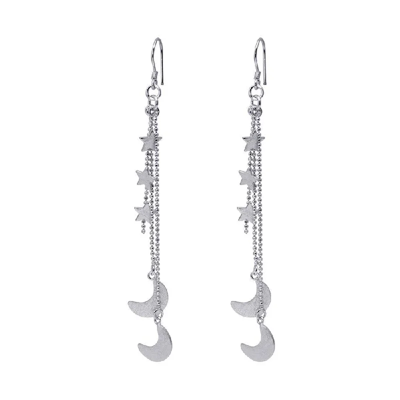 Ladies rings casual vibes-Silver 925 Rhodium Plated Wire Dangling Star and Crescent Moon Hook Earrings - DSE00033