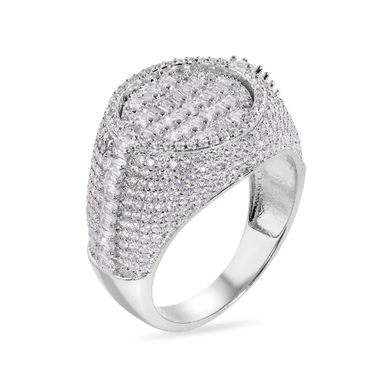 Ladies rings birthday surprises-Rhodium Plated 925 Sterling Silver Statement Baguette Clear CZ Round Top 17.5mm Ring - GMR00389