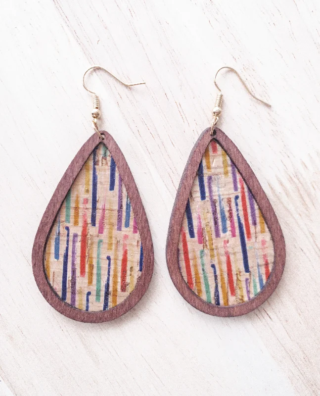 Ladies rings silver tones-Multicolored Wooden Teardrop Earrings