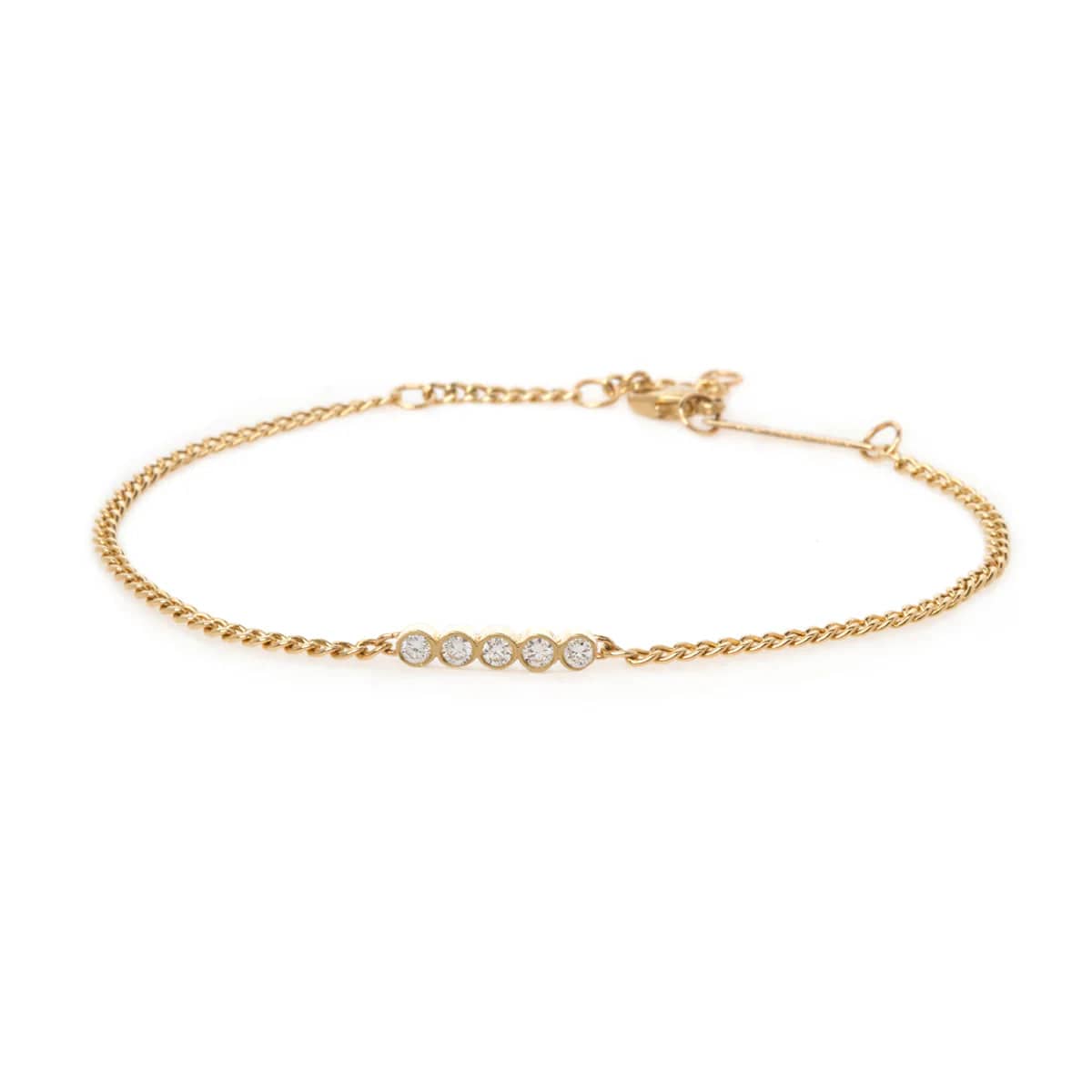 Ladies bracelets star motifs-14k 5 Diamond Bezel Bar Extra Small Curb Chain Bracelet