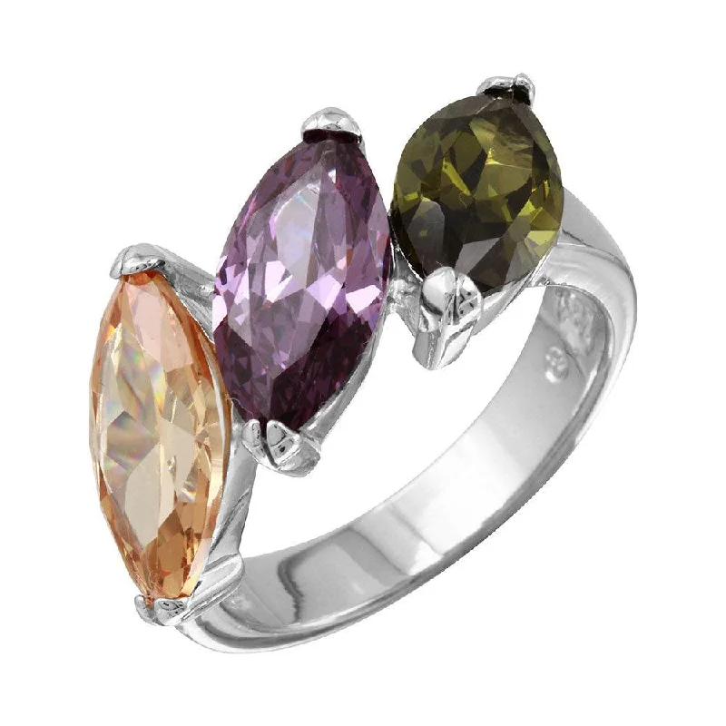 Ladies rings age suitability-Rhodium Plated 925 Sterling Silver Multi Color 3 CZ Stones Ring - BGR01093