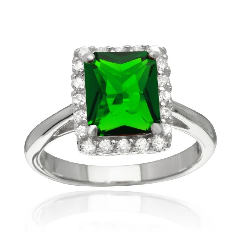 Ladies rings global brands-Rhodium Plated 925 Sterling Silver Square Green CZ Halo Ring - BGR01113GRN