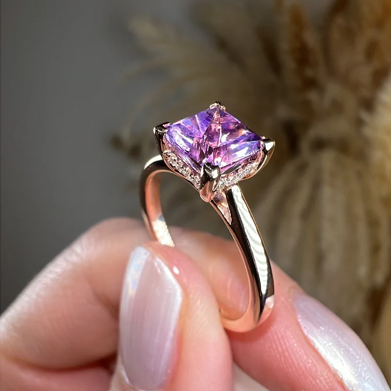 Ladies engagement rings designer labels-"Julie" Princess Cut Amethyst Under Halo Engagement Ring