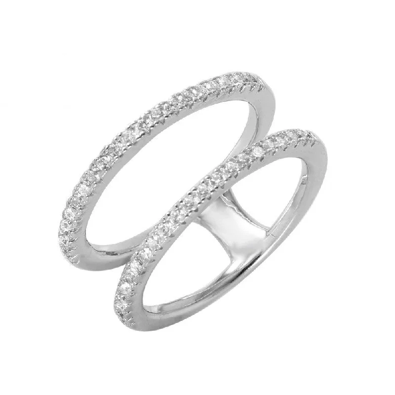 Ladies rings engraved names-Silver 925 Rhodium Plated Twin Band CZ Ring - GMR00042