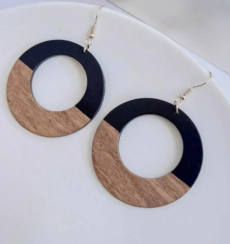 Ladies rings price options-Round Wood and Black Resin Drop Earrings