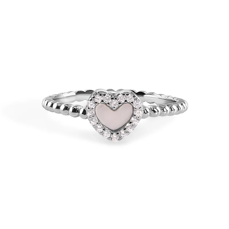 Ladies rings elegant looks-925 Sterling Silver Nickel Free Rhodium Plated Syntethic Opal Heart Clear CZ Ring - STR01172