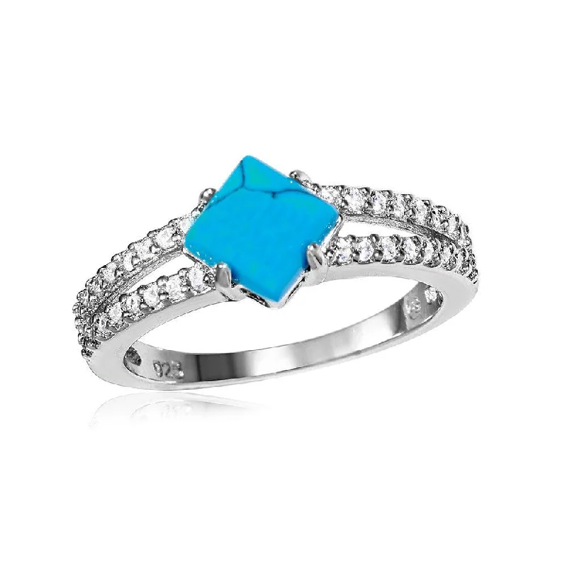 Ladies rings investment value-Silver 925 Rhodium Plated Turquoise Center Stone Ring with CZ Shank - BGR01057