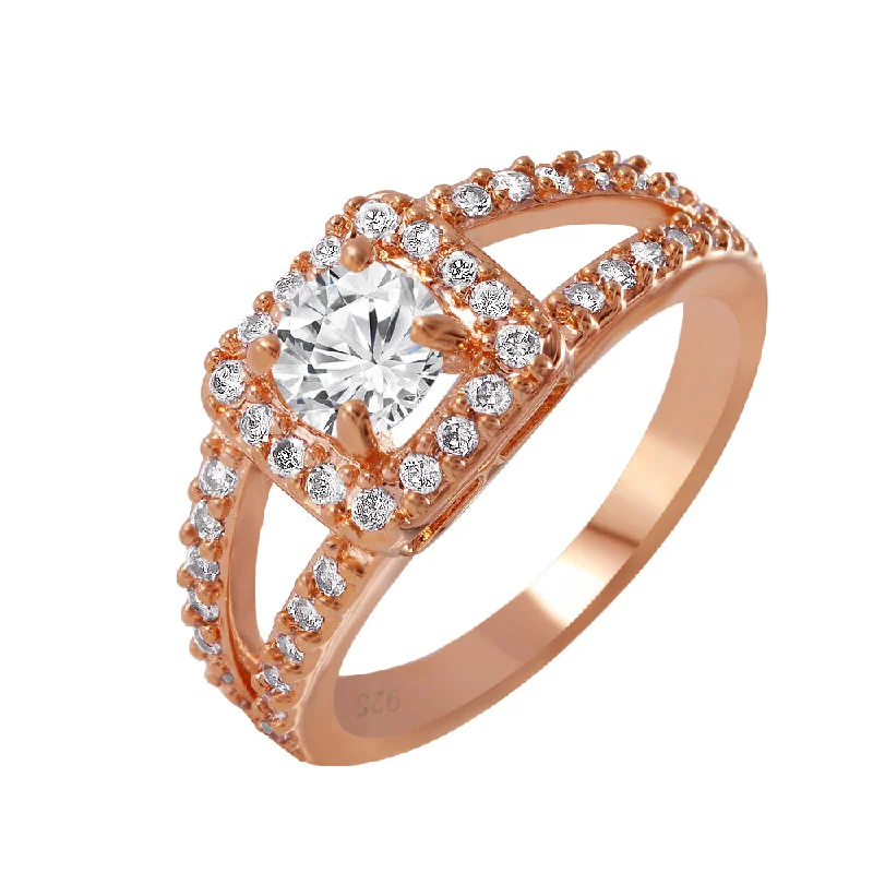 Ladies rings wedding accessories-Silver 925 Rose Gold Plated Round Clear CZ Ring - BGR00606