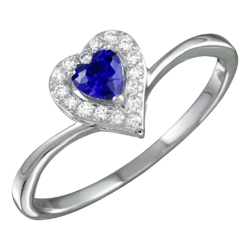 Ladies rings jade charms-Rhodium Plated 925 Sterling Silver Blue Heart Ring with CZ - BGR01153BLU