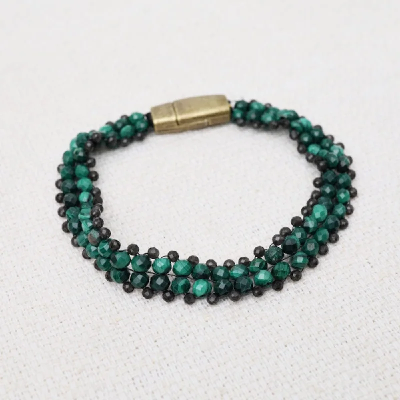 Ladies bracelets European styles-Hand Woven Soft Bracelet of Malachite & Smokey Quartz Trim Bracelet