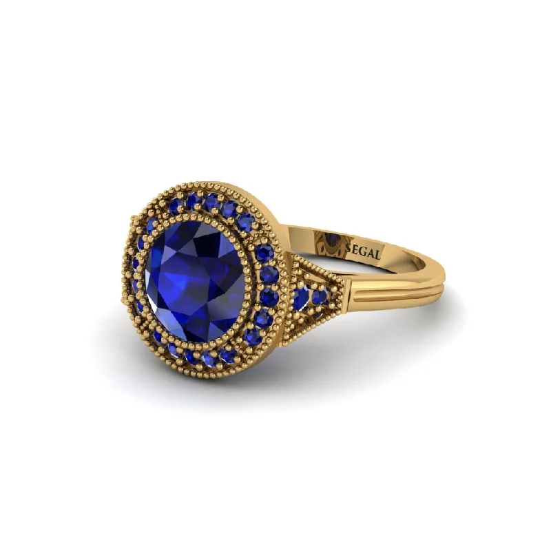 Ladies engagement rings investment pieces-Round Cut Sapphire Milgrain Halo Engagement Ring - Maggie No. 73