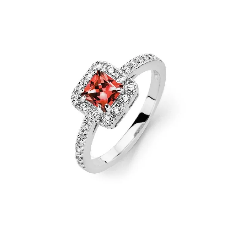 Ladies rings youthful charm-Silver 925 Rhodium Plated Clear Micro Pave Set Red Square Center CZ Bridal Ring - BGR00733