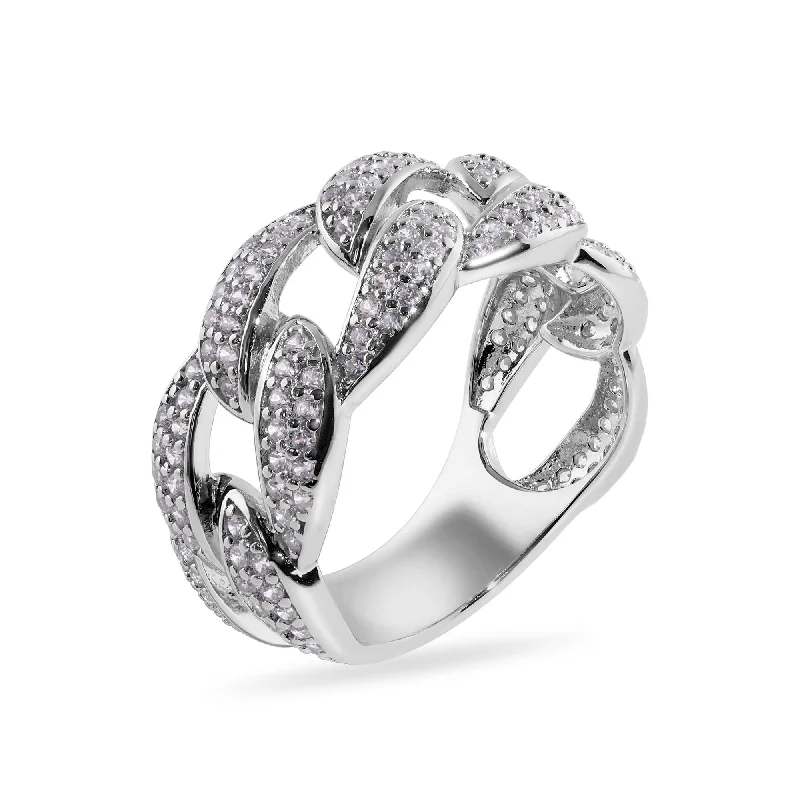 Ladies rings open patterns-Rhodium Plated 925 Sterling Silver Curb Clear CZ 11.2mm Ring - GMR00396