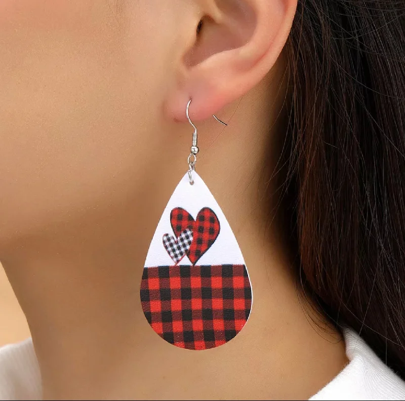 Ladies rings custom options-Leather Plaid Hearts Drop Earrings