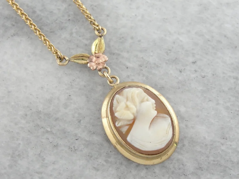 Retro Era Cameo Necklace with Floral Detail in Rose Gold