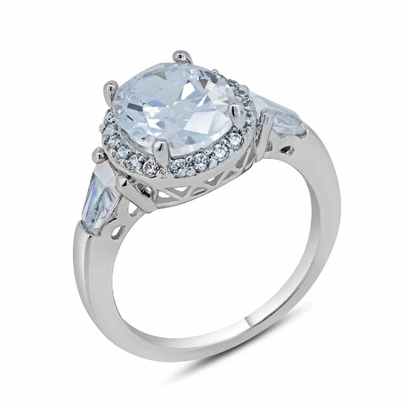 Ladies rings pure silver-Silver 925 Rhodium Plated Clear Cluster CZ Round Bridal Ring - BGR00573