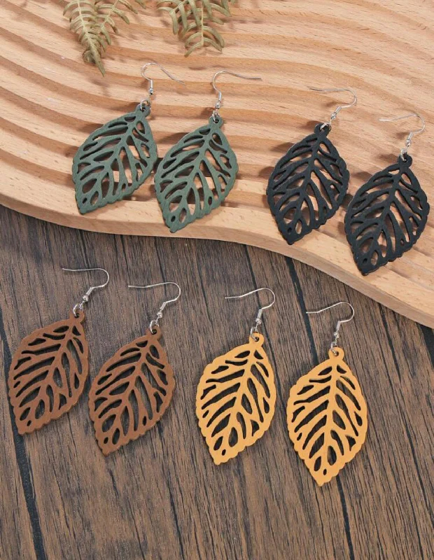 Ladies rings thumb designs-4 Pairs of Hollow Leaf-Shaped Wooden Earrings